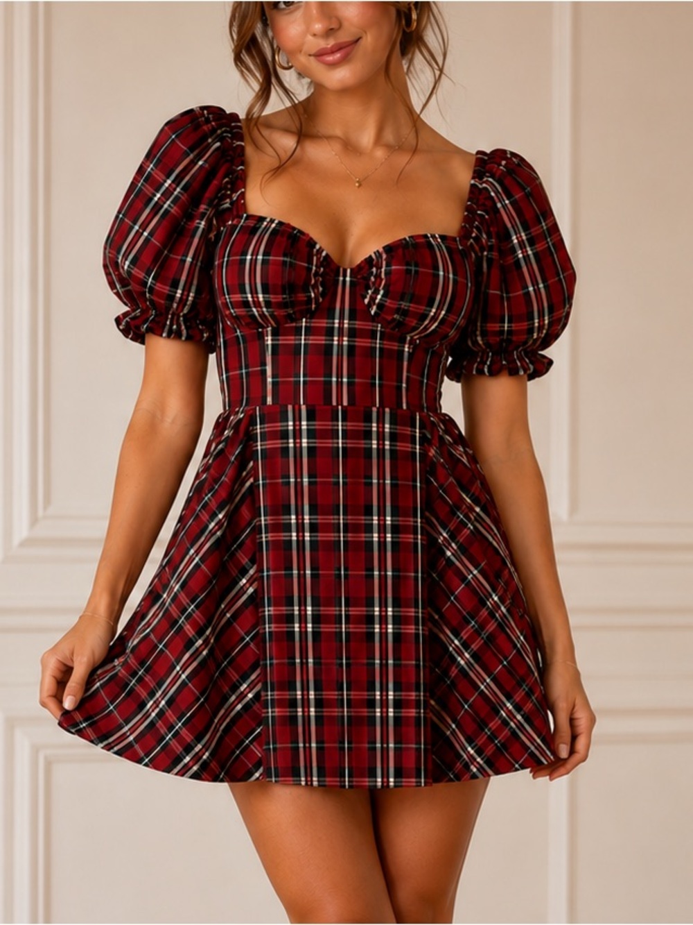 Maeve Anthropologie Red Tartan Plaid Puff Sleeve Sweetheart Mini Dress M